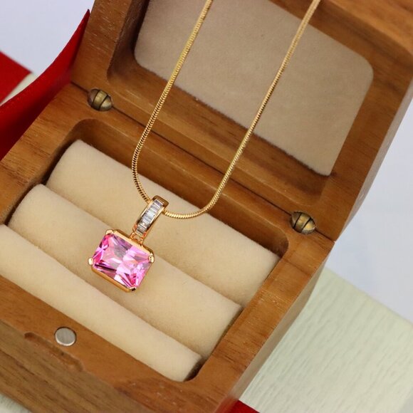 "Chic Pink Emerald Cut Pendant with Baguette Bail in Rose Gold Tone, XPPT1780 - Picture 8 of 13